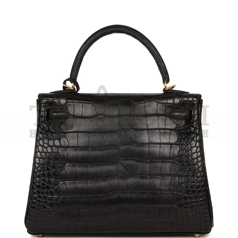 H**me5 MASTER KELLY RETOURNE 25 BLACK MATTE ALLIGATOR GOLD HARDWARE (25*20*13cm) Master Quality